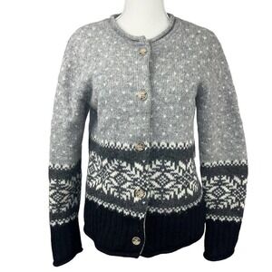 Eddie Bauer Vintage Gray Black Fair Isle Nordic Wool Cardigan Sweater S